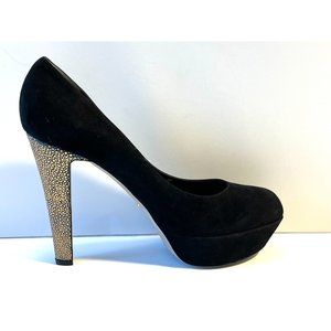 Sergio Rossi Black Suede Pumps w/ Gold Pebbled Heel, Size 11 (US) 41 (EU) New!